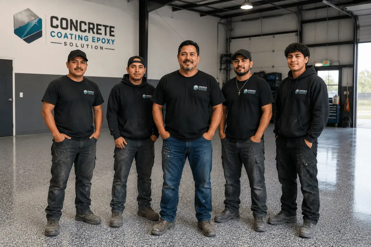 Five NFEPOXY crew members in branded black workwear standing on a finished grey flake epoxy floor inside a shop, with the Concrete Coating Epoxy Solution logo on the wall behind them